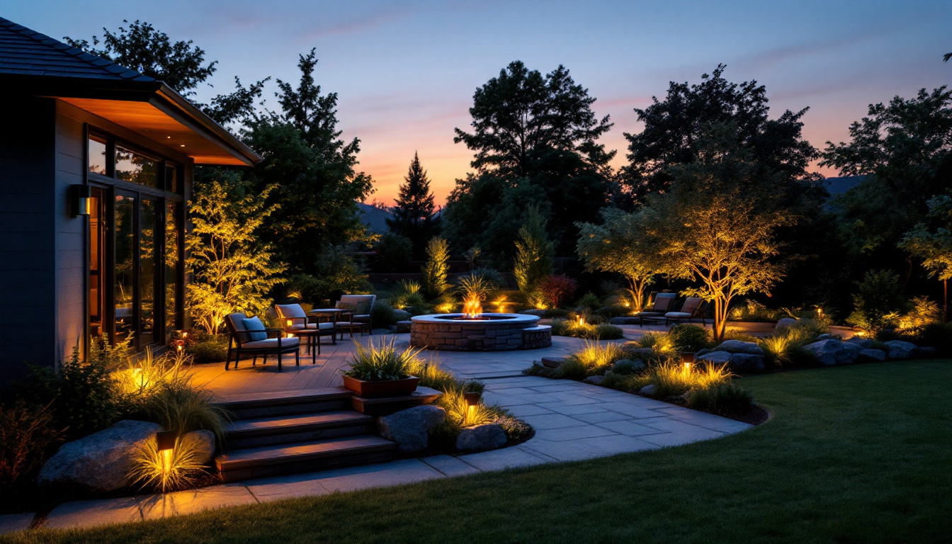 A photograph of a beautifully illuminated backyard at dusk