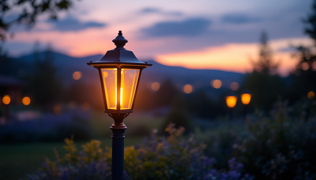 A photograph of a beautifully illuminated outdoor light post in a serene evening setting