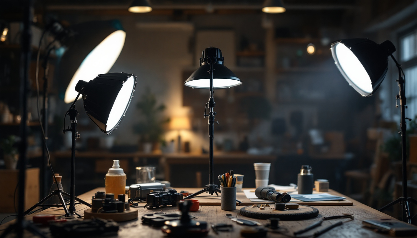 A photograph of a well-lit workspace featuring shop lights on adjustable stands