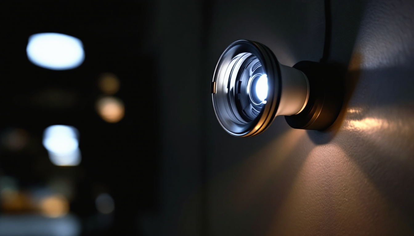 A photograph of a close-up shot of a modern fluorescent lamp socket installed in a stylish