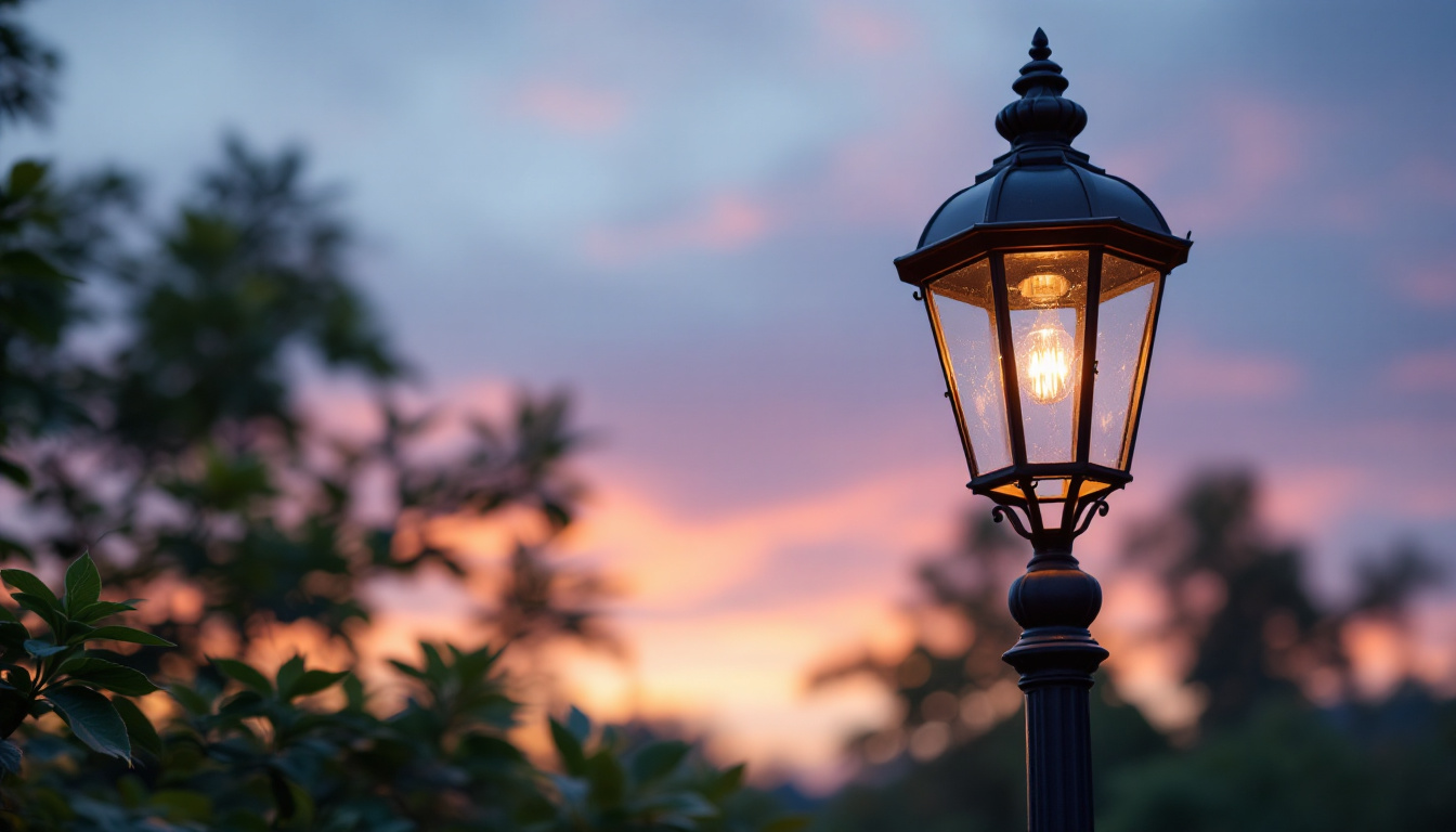 A photograph of an elegant antique light post illuminated at dusk