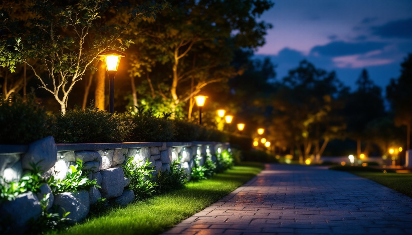 A photograph of a beautifully illuminated outdoor space showcasing led flood lights in action