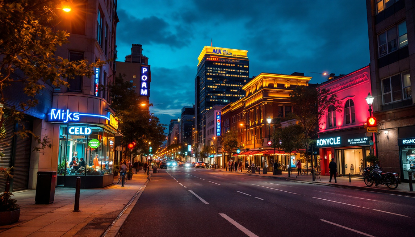 A photograph of a vibrant urban scene at dusk