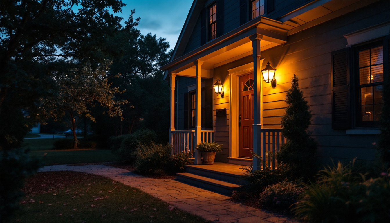 A photograph of a beautifully lit porch at dusk