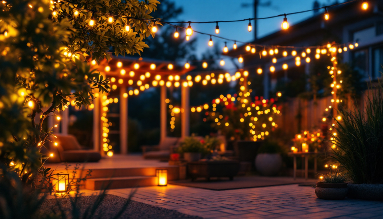 A photograph of a beautifully illuminated outdoor space featuring warm white string lights draped elegantly across a patio or garden