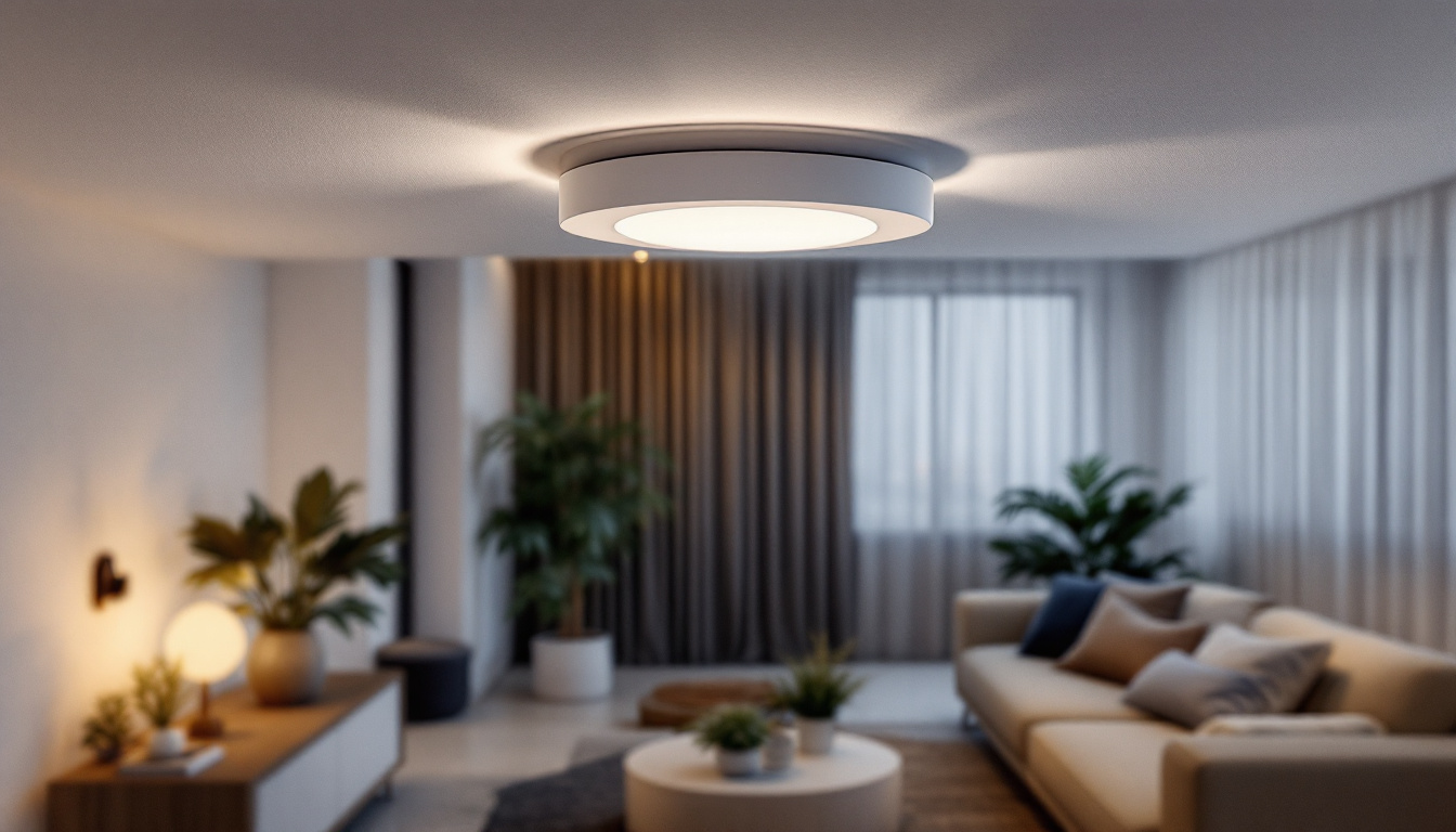 A photograph of a ceiling-mounted motion detector installed in a modern living space