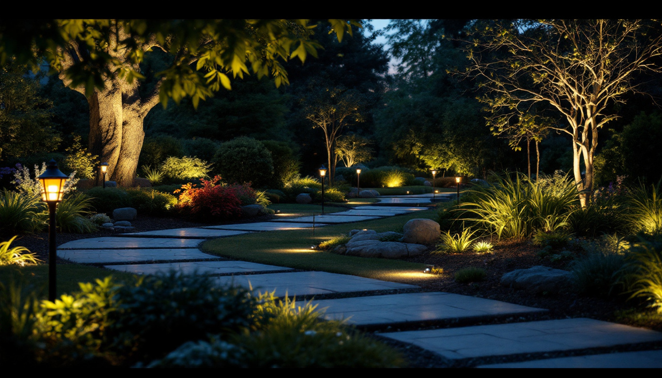 A photograph of a beautifully illuminated outdoor scene showcasing various landscape lighting designs