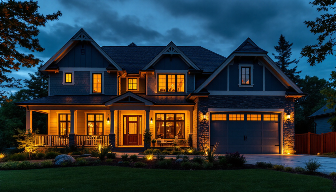 A photograph of a beautifully illuminated home exterior at dusk
