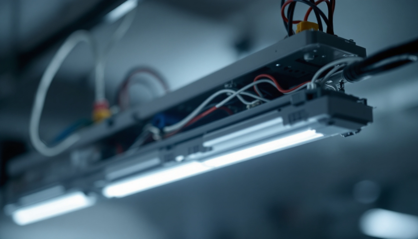 A photograph of a close-up shot of a lighting fixture with the ballast removed