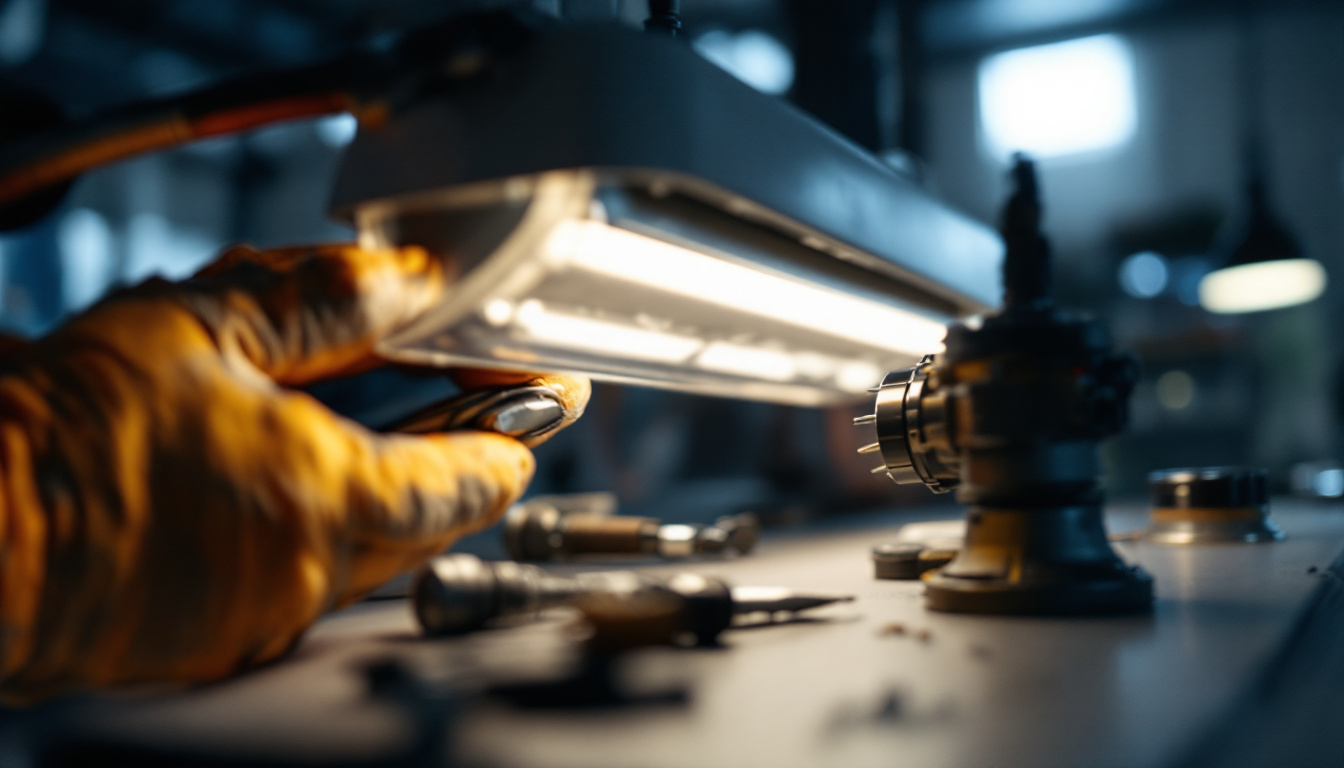 A photograph of a close-up view of a modern lighting fixture being serviced
