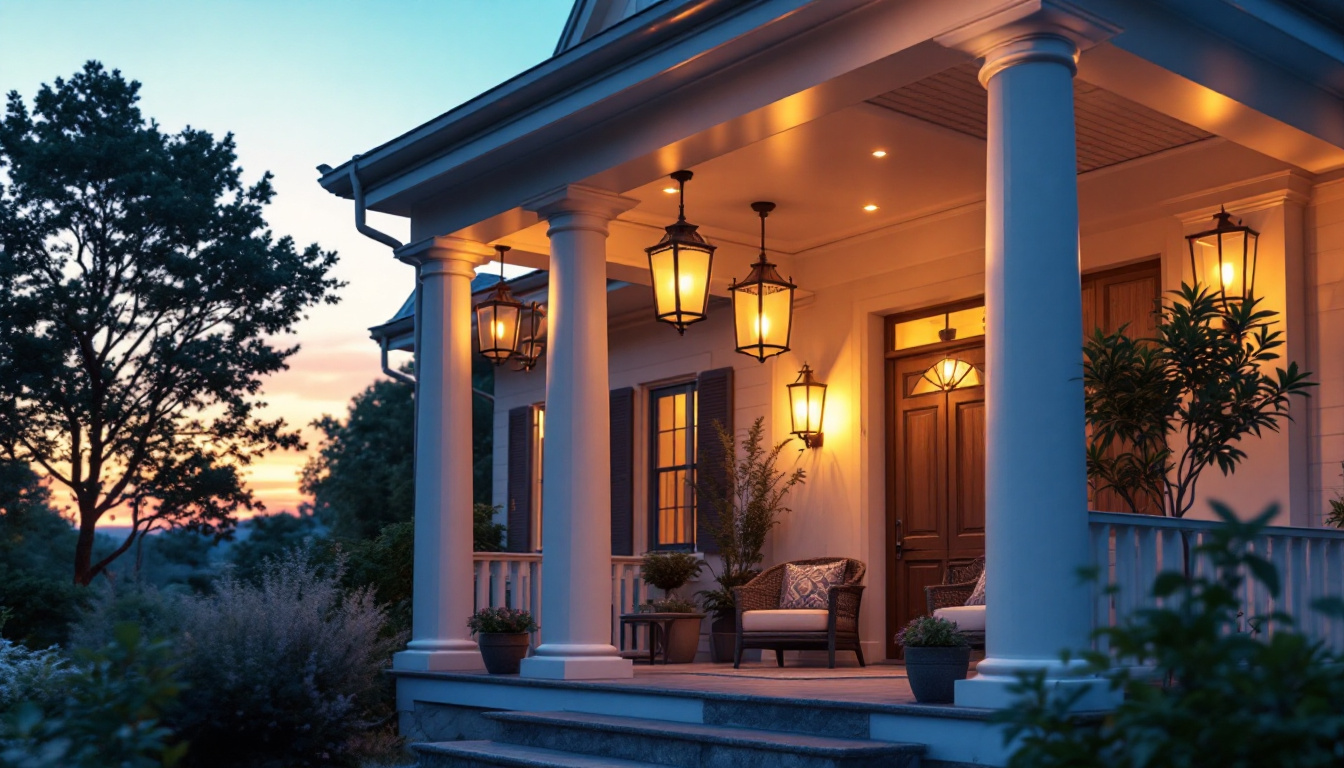 A photograph of a beautifully designed front porch featuring elegant ceiling lights