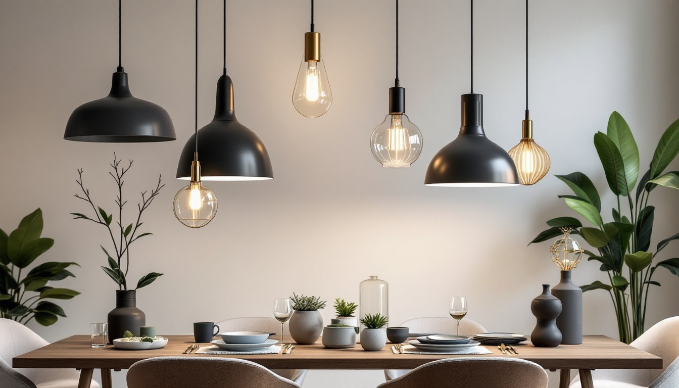 A photograph of a beautifully arranged setting featuring various styles of elegant pendant lights hanging at different heights above a stylish dining table