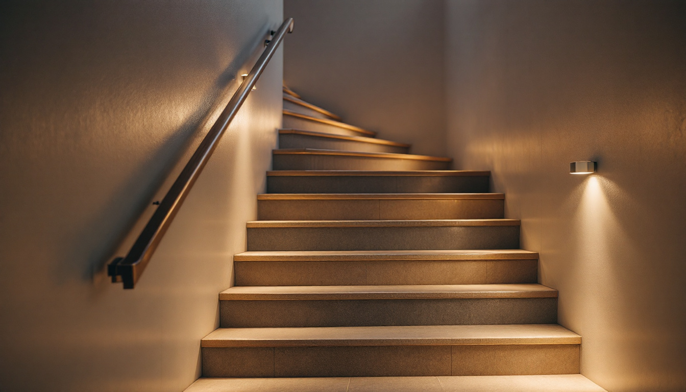 A photograph of a well-lit staircase featuring stylish motion sensor lights in action