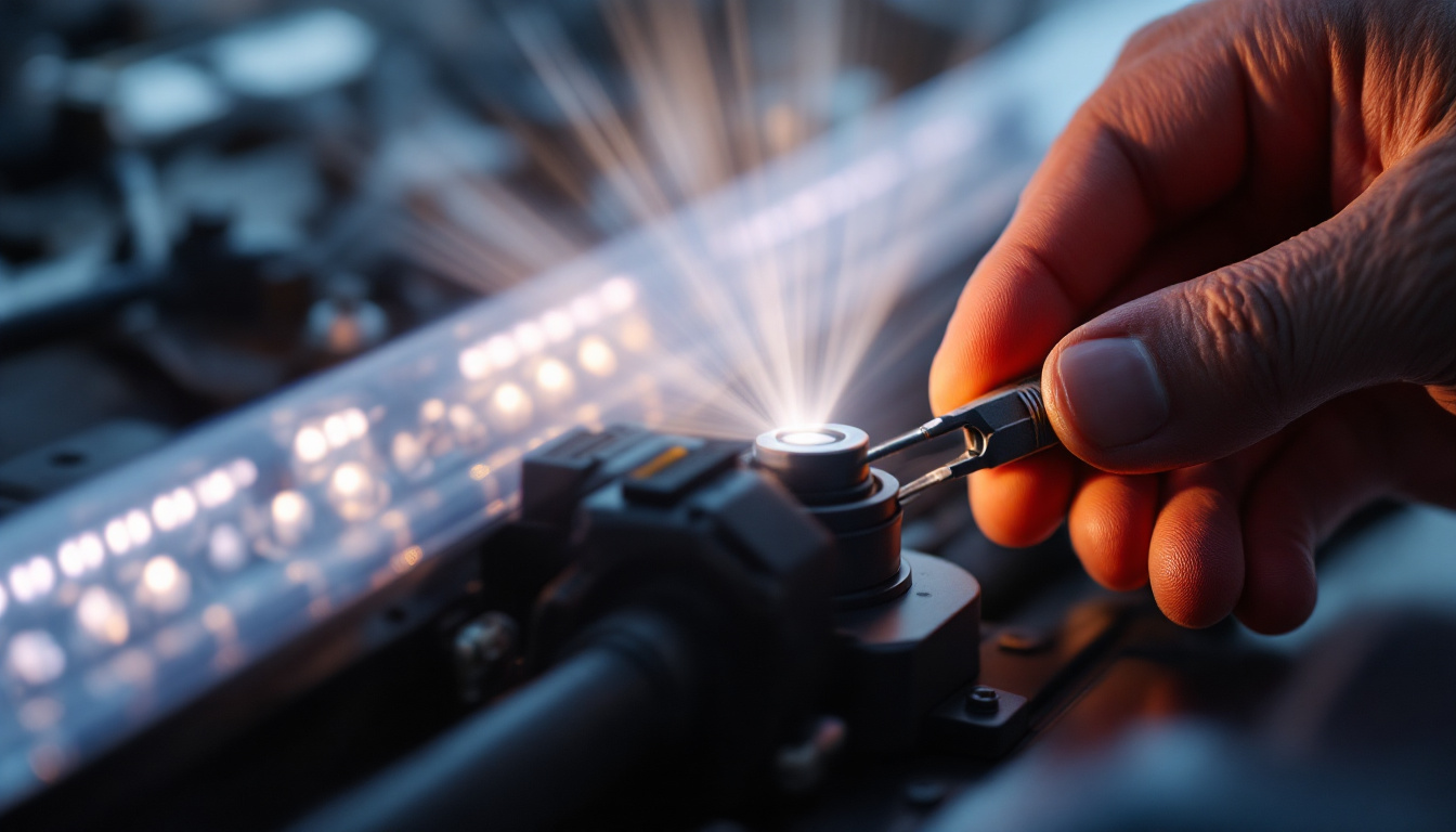 A photograph of a close-up of a light conversion kit being installed by an engineer