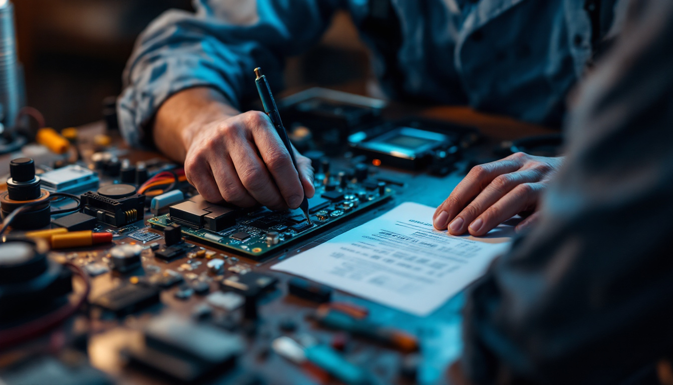 A photograph of a skilled electrical engineer working on a circuit board