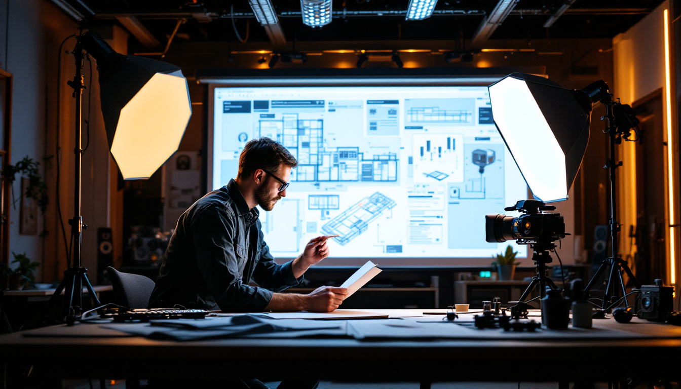 A photograph of a lighting engineer analyzing a sophisticated lighting setup in a modern workspace