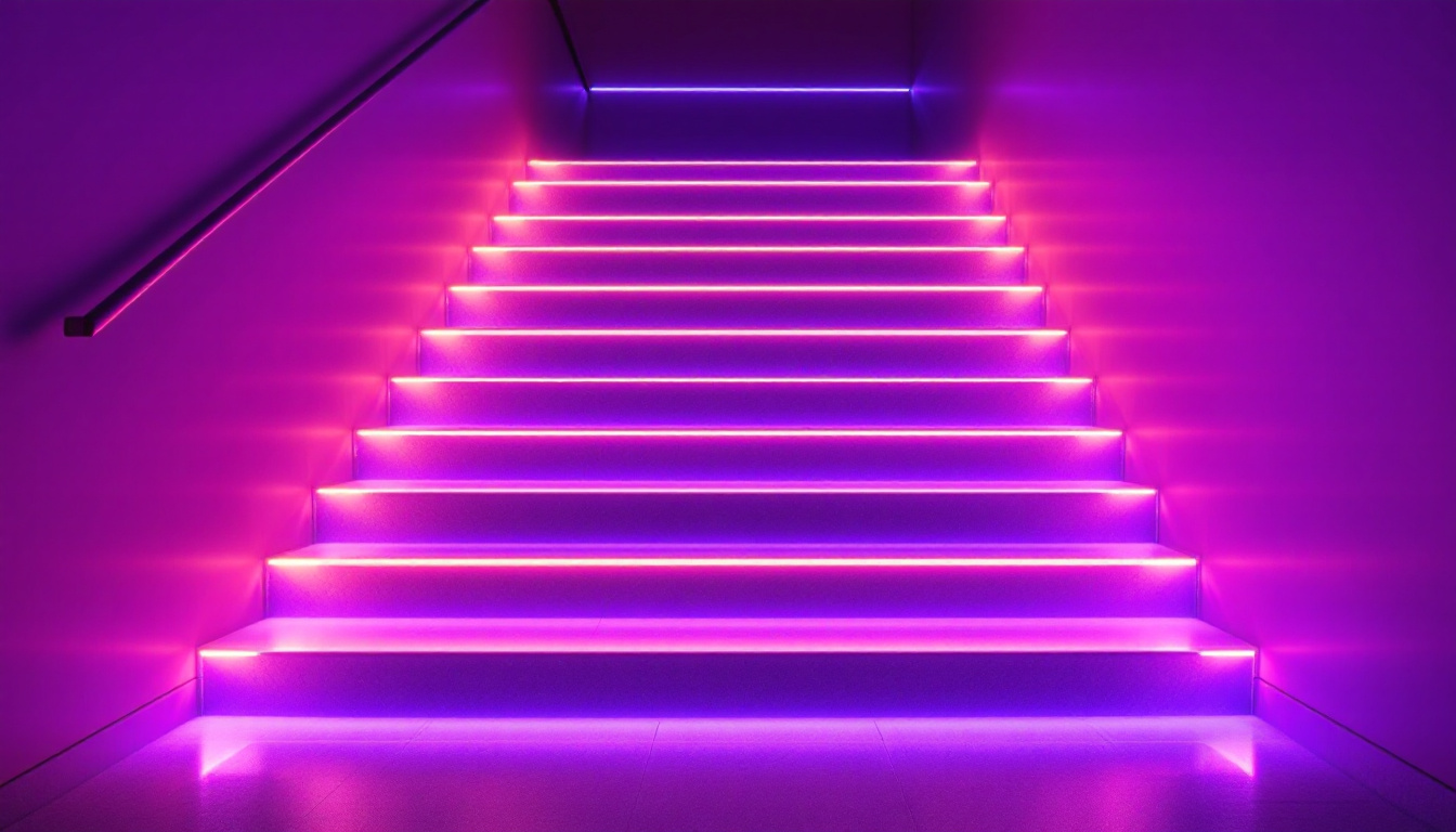 A photograph of a beautifully illuminated staircase featuring led strip lighting