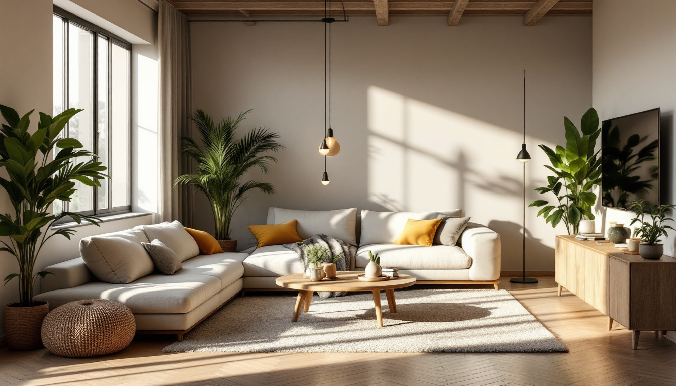 A photograph of a beautifully arranged living space that showcases sustainable furniture illuminated by natural light