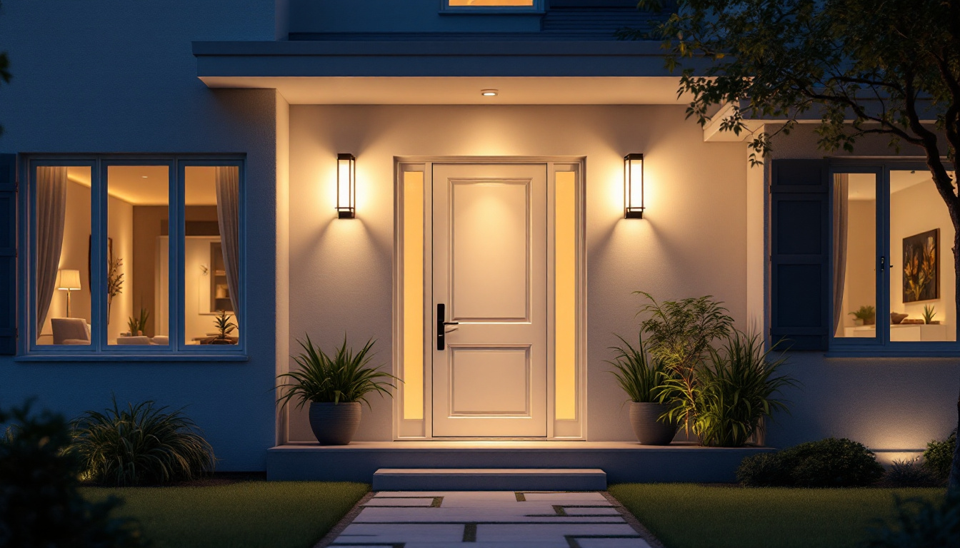 A photograph of a beautifully illuminated front door at dusk
