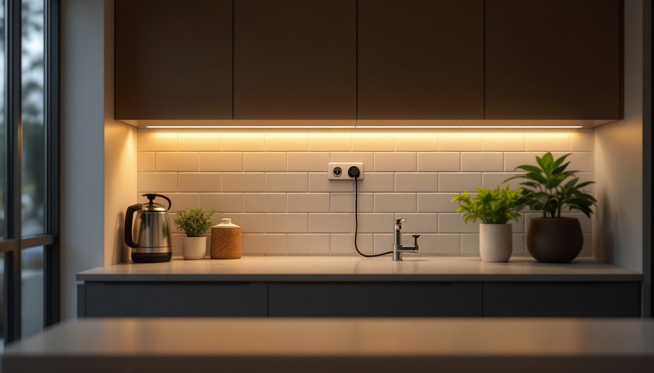 A photograph of a well-designed kitchen with under cabinet plug-in lighting illuminated