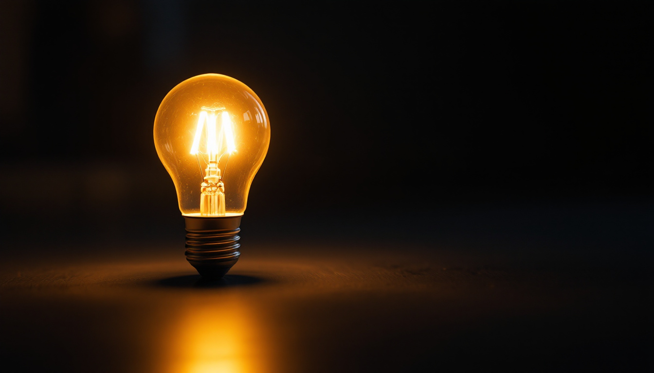 A photograph of a glowing a19 led bulb in a dimly lit environment