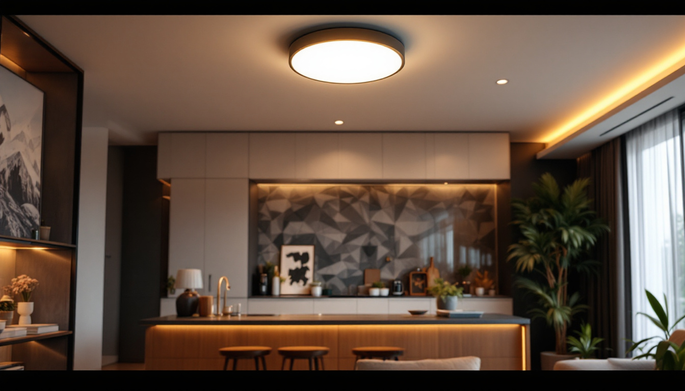 A photograph of a well-designed surface mount ceiling light installed in a modern interior setting
