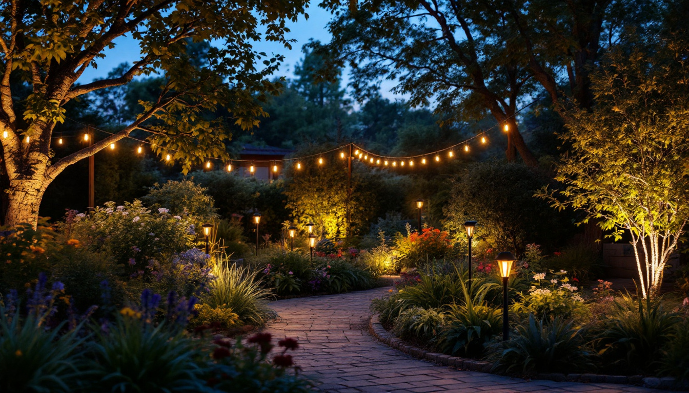 A photograph of a beautifully illuminated garden scene at dusk