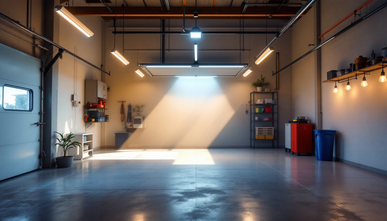A photograph of a well-lit garage showcasing a combination of energy-efficient lighting solutions