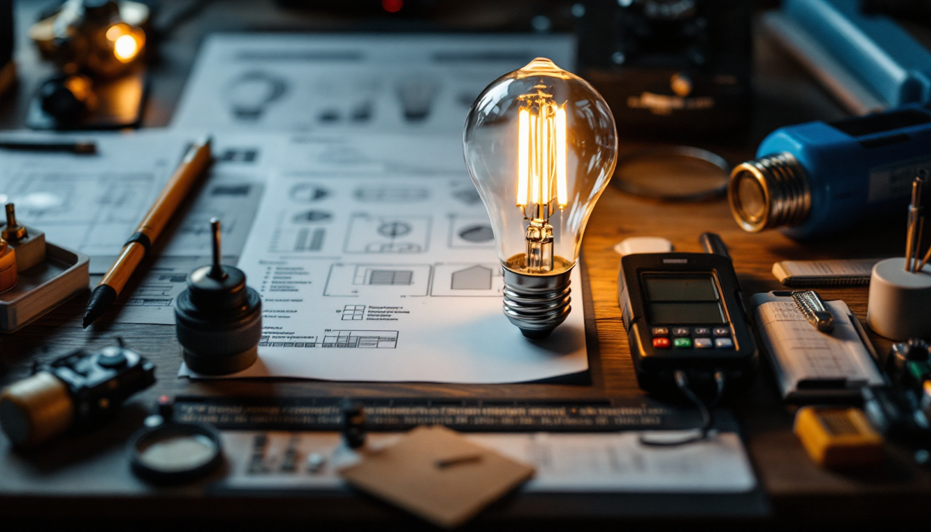 A photograph of a well-organized lighting engineer's workspace featuring a t8 light bulb prominently displayed alongside essential tools