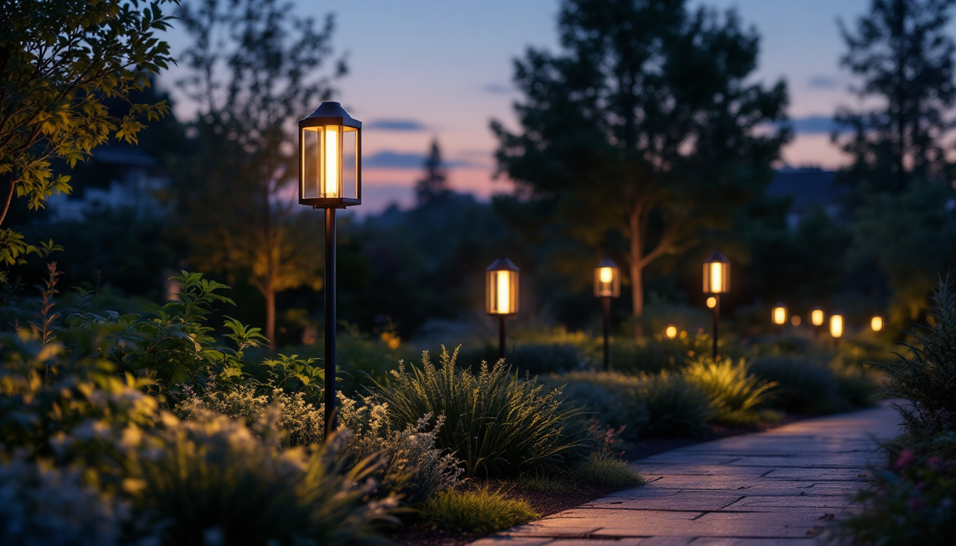 A photograph of a beautifully illuminated garden at dusk