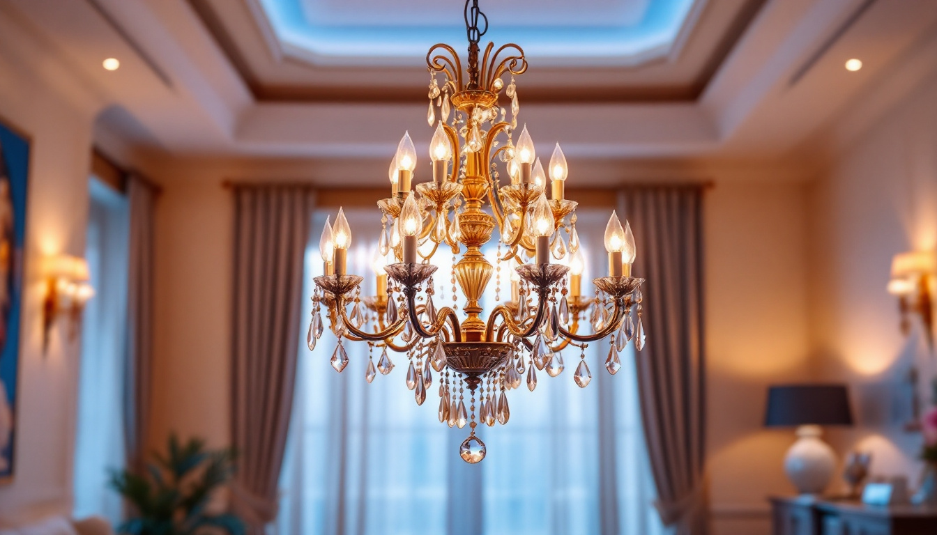 A photograph of a beautifully designed chandelier suspended in an elegantly lit room