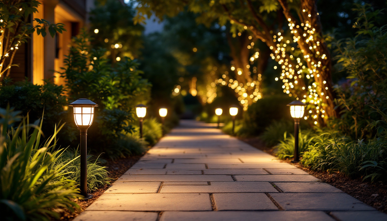 A photograph of a beautifully lit outdoor scene featuring various styles of battery-powered led lights illuminating pathways