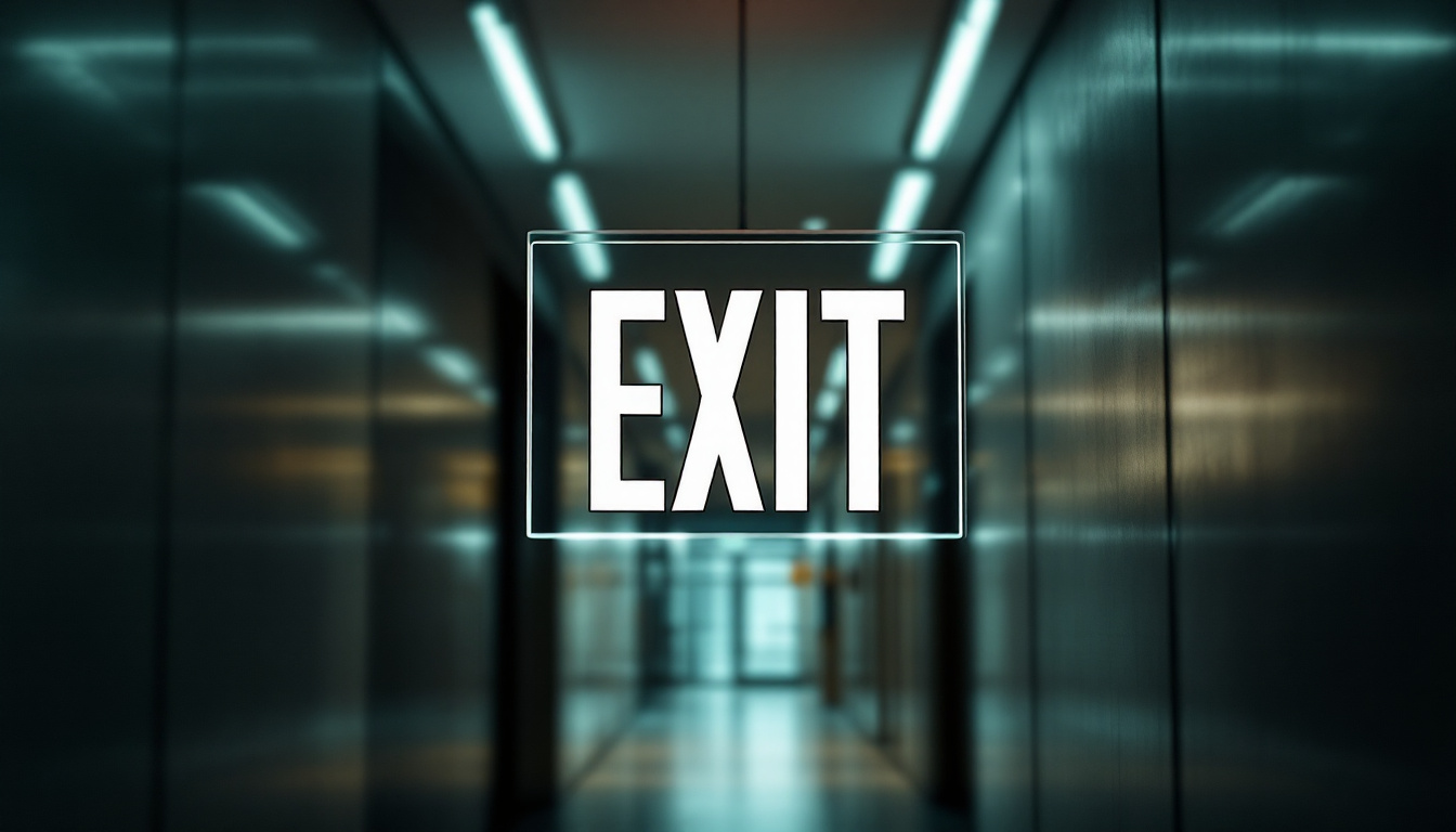 A photograph of a modern glass exit sign illuminated in a dimly lit corridor