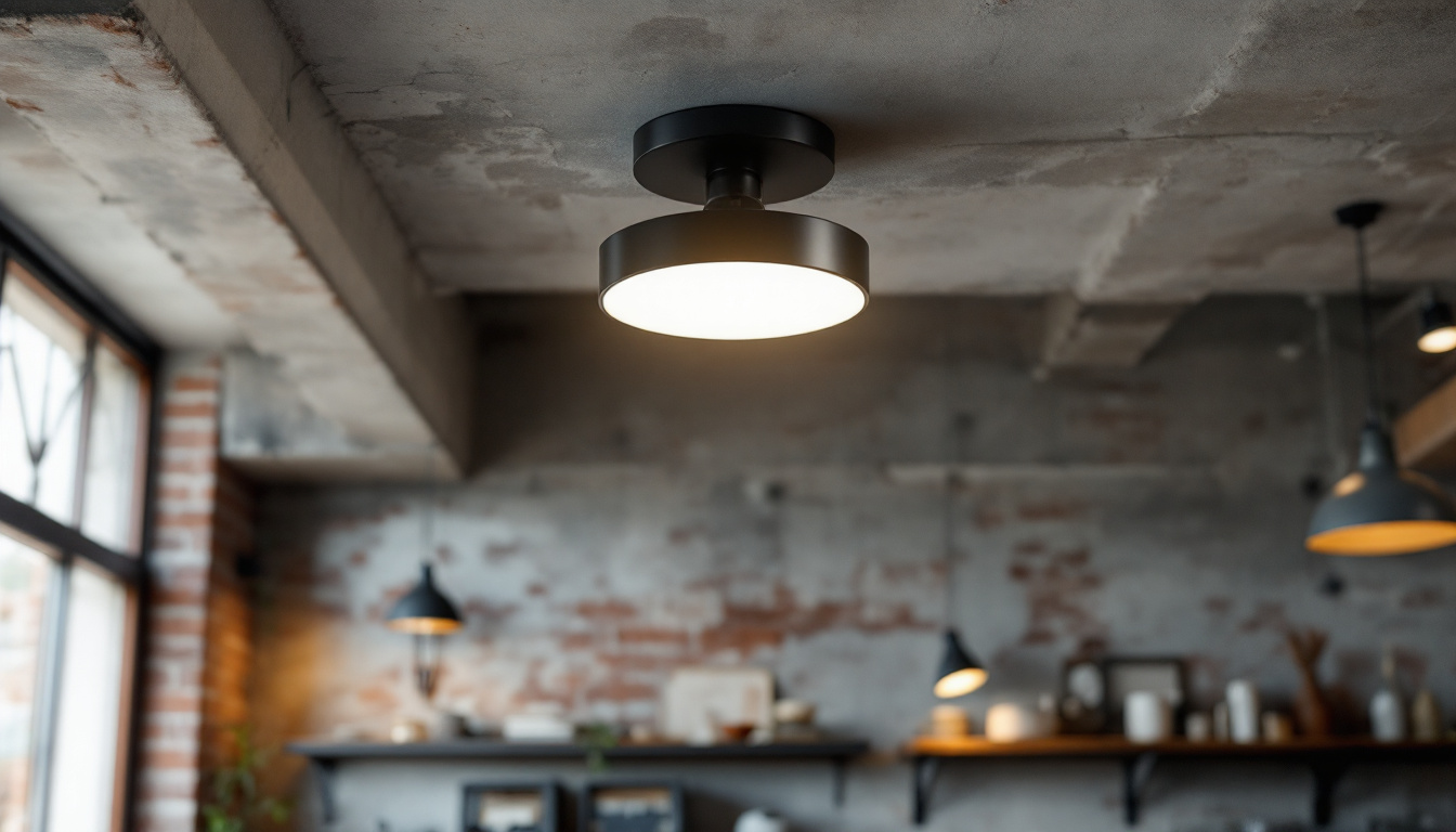 A photograph of a stylish flushmount ceiling fixture in an industrial setting