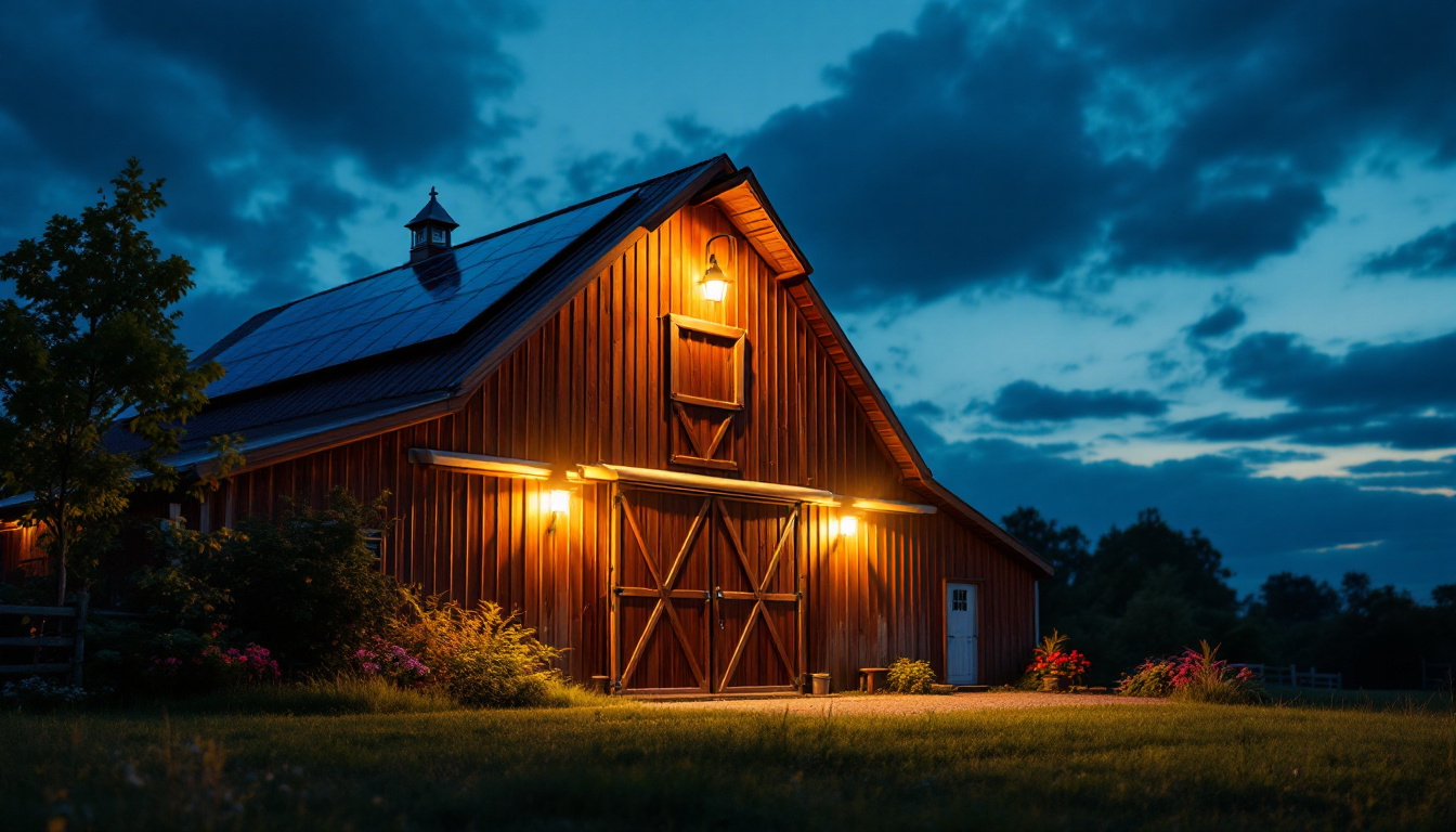 A photograph of a well-lit barn exterior at dusk