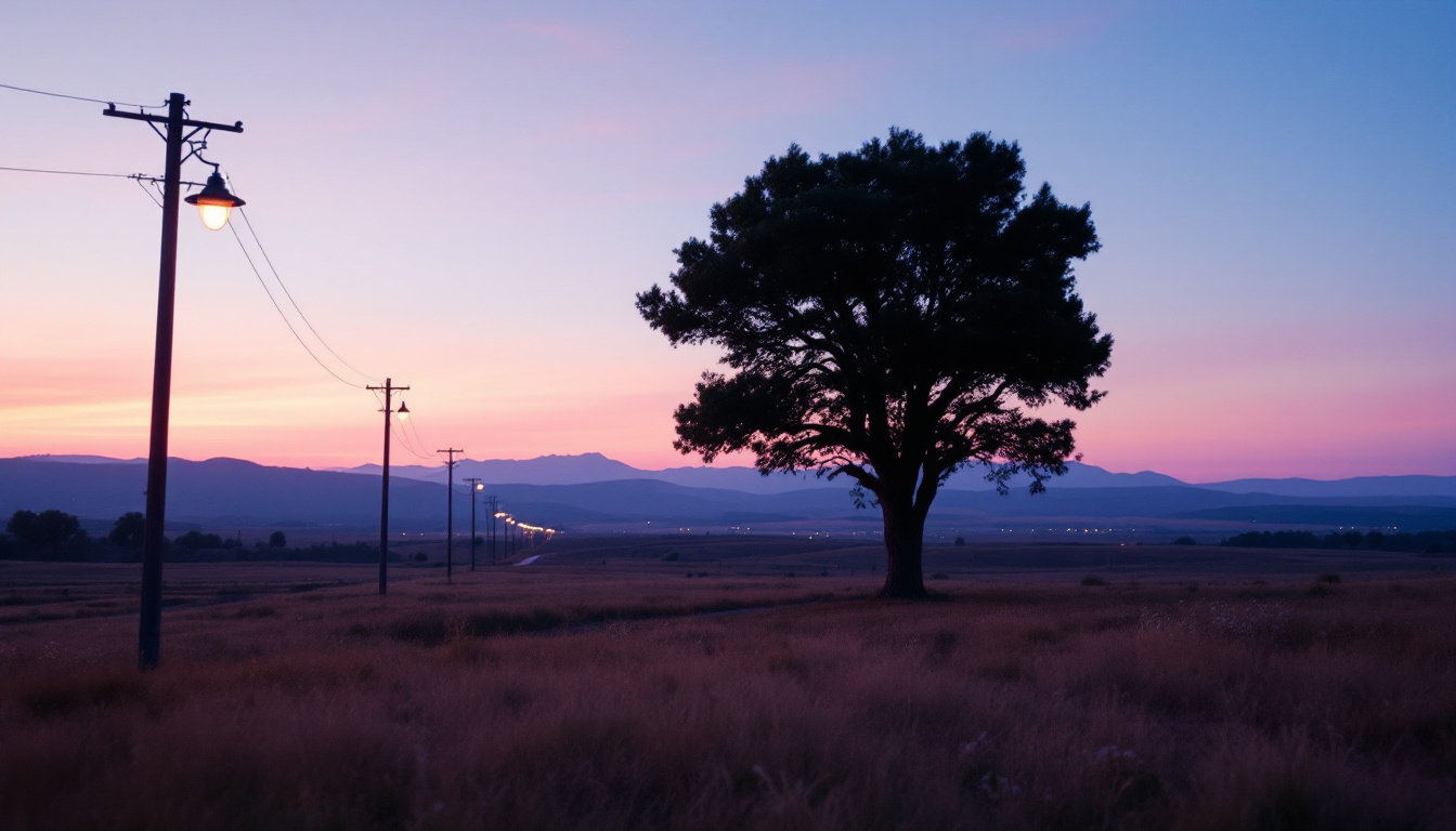 A photograph of a serene american landscape at dusk