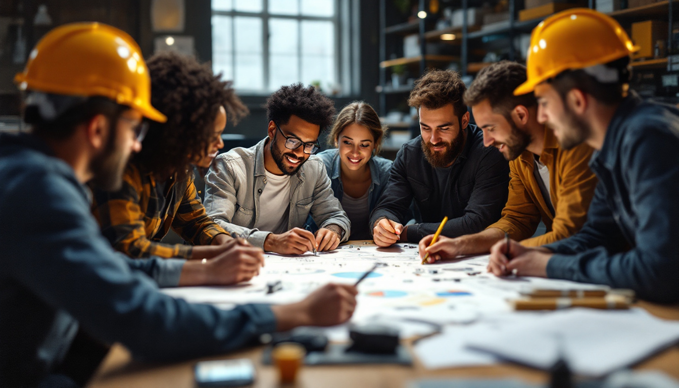 A photograph of a diverse group of electrical engineers engaged in a collaborative brainstorming session