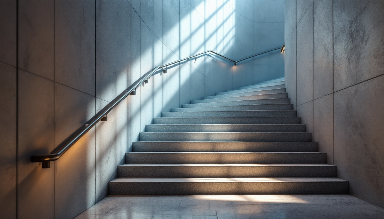 A photograph of a beautifully lit stairway that showcases a harmonious blend of natural and artificial lighting