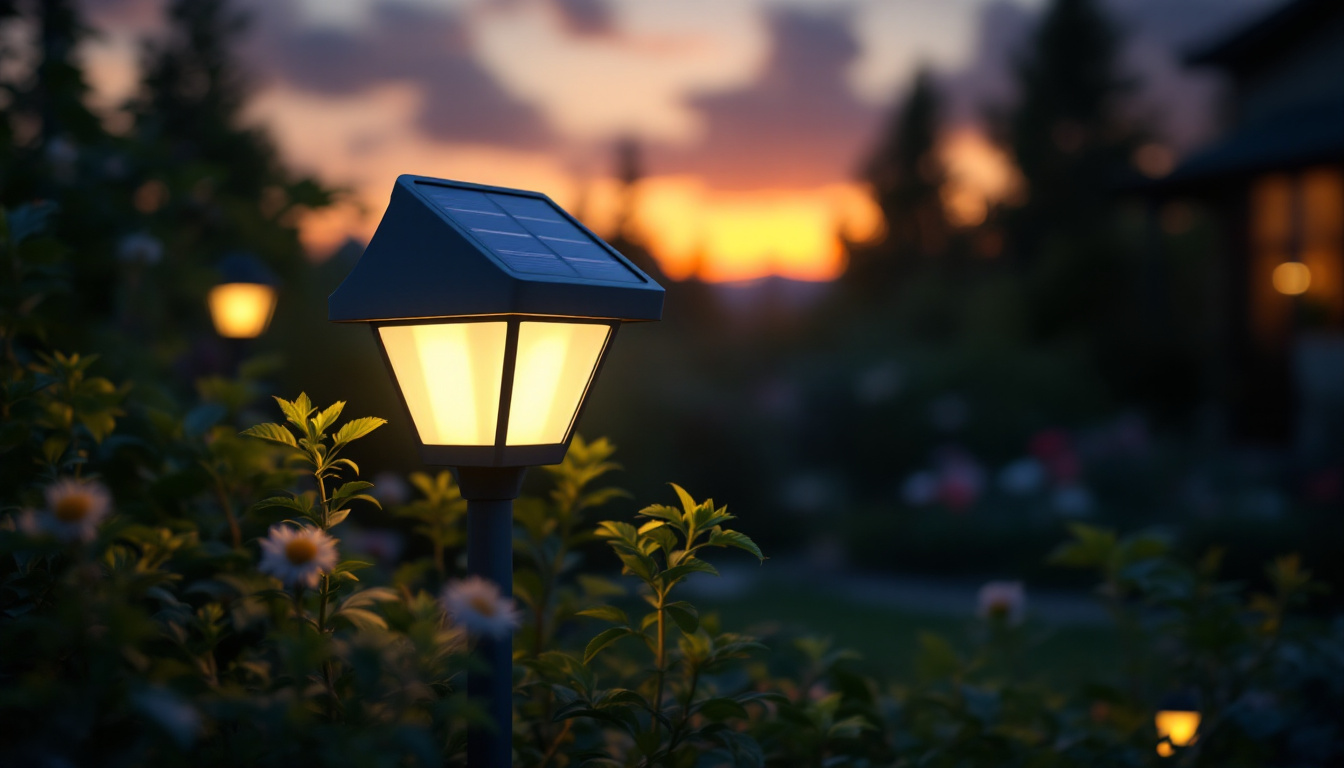 A photograph of a close-up of a solar-powered light fixture in a garden setting during twilight