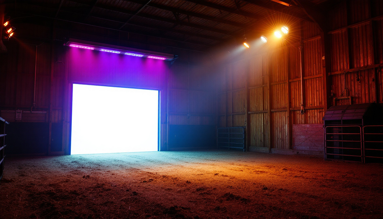 A photograph of a well-lit barn interior showcasing vibrant led lights illuminating the space