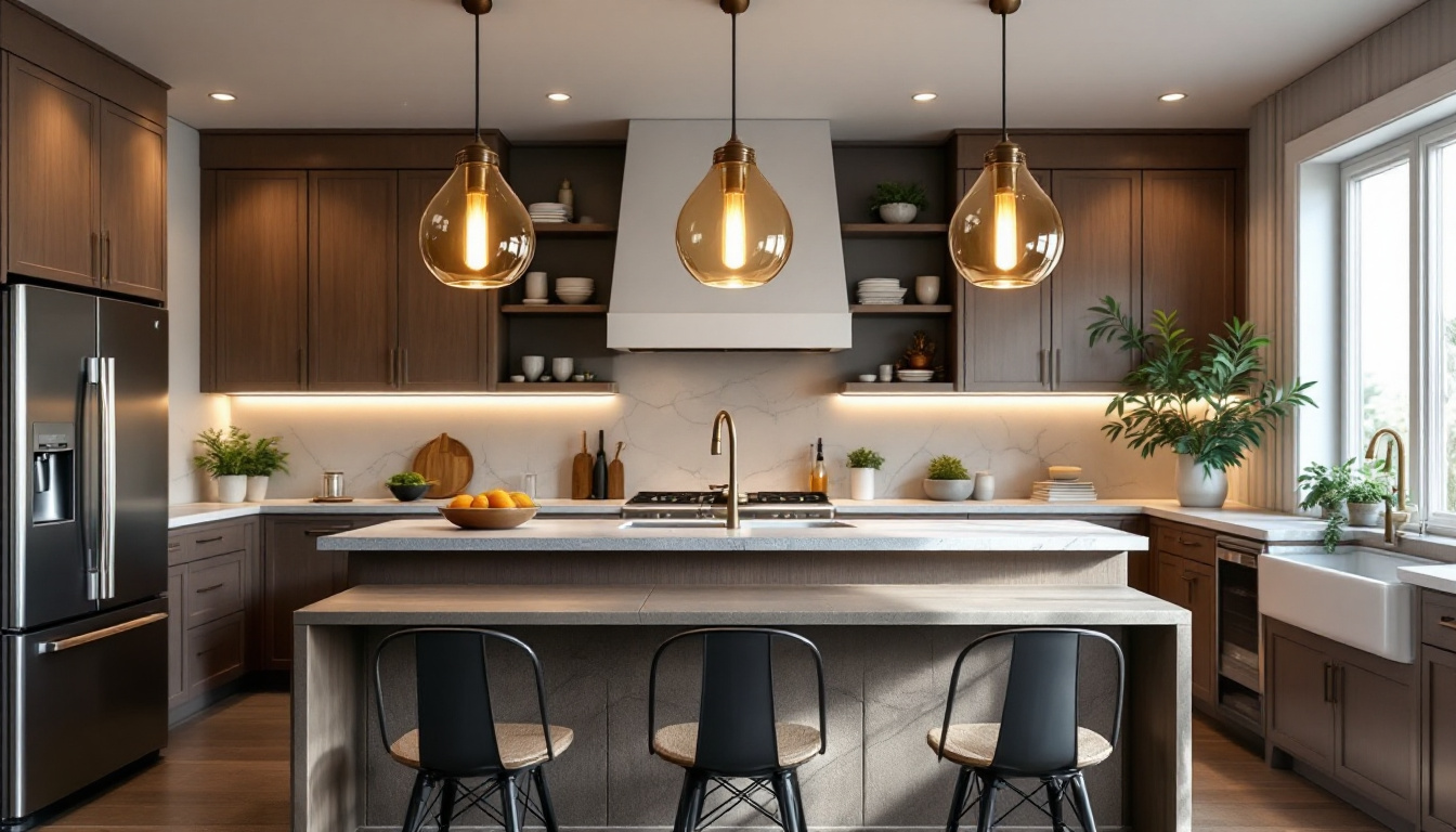 A photograph of a beautifully designed kitchen featuring large island pendant lights