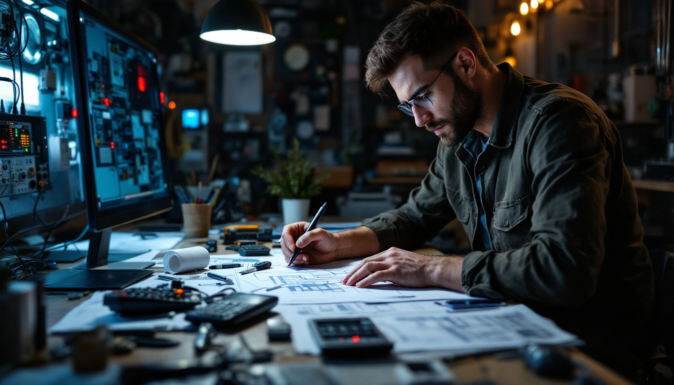 A photograph of a focused electrical engineer at a workbench