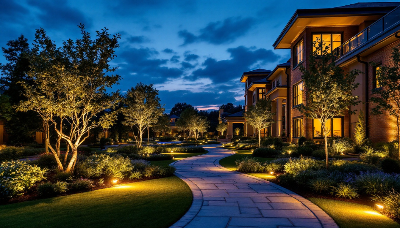 A photograph of a beautifully illuminated outdoor space featuring solar uplighting