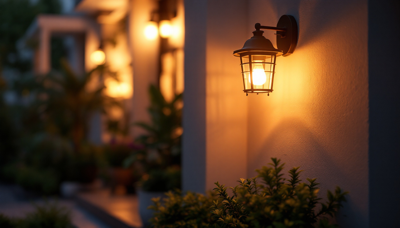 A photograph of a beautifully designed outdoor front light fixture illuminating a welcoming entrance