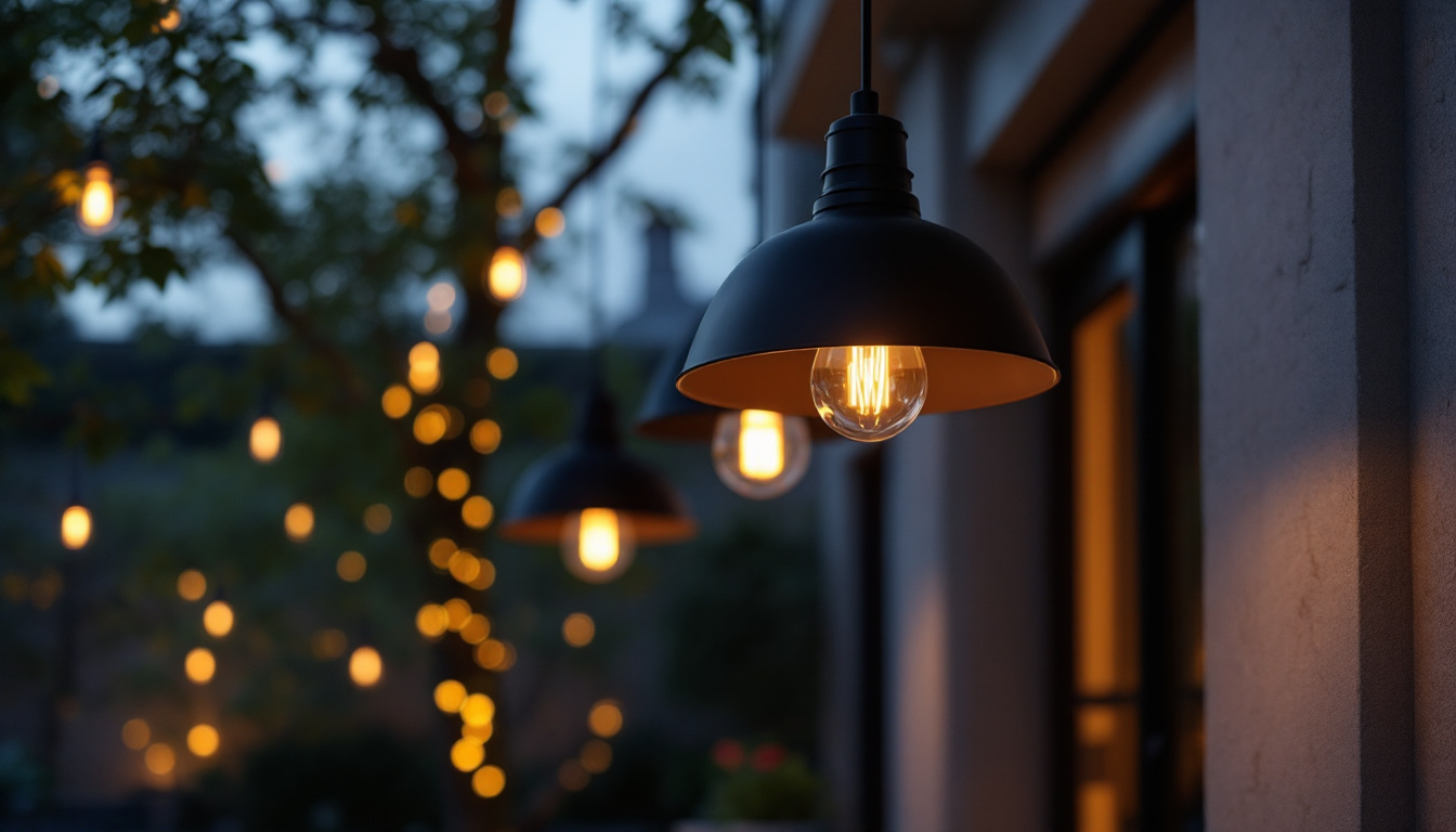 A photograph of a beautifully designed outdoor space featuring elegant black hanging lights integrated into a sophisticated lighting system