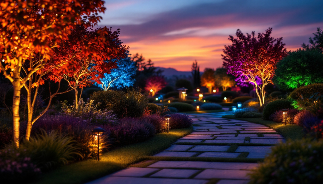 A photograph of a beautifully illuminated landscape featuring a variety of colored landscape lights