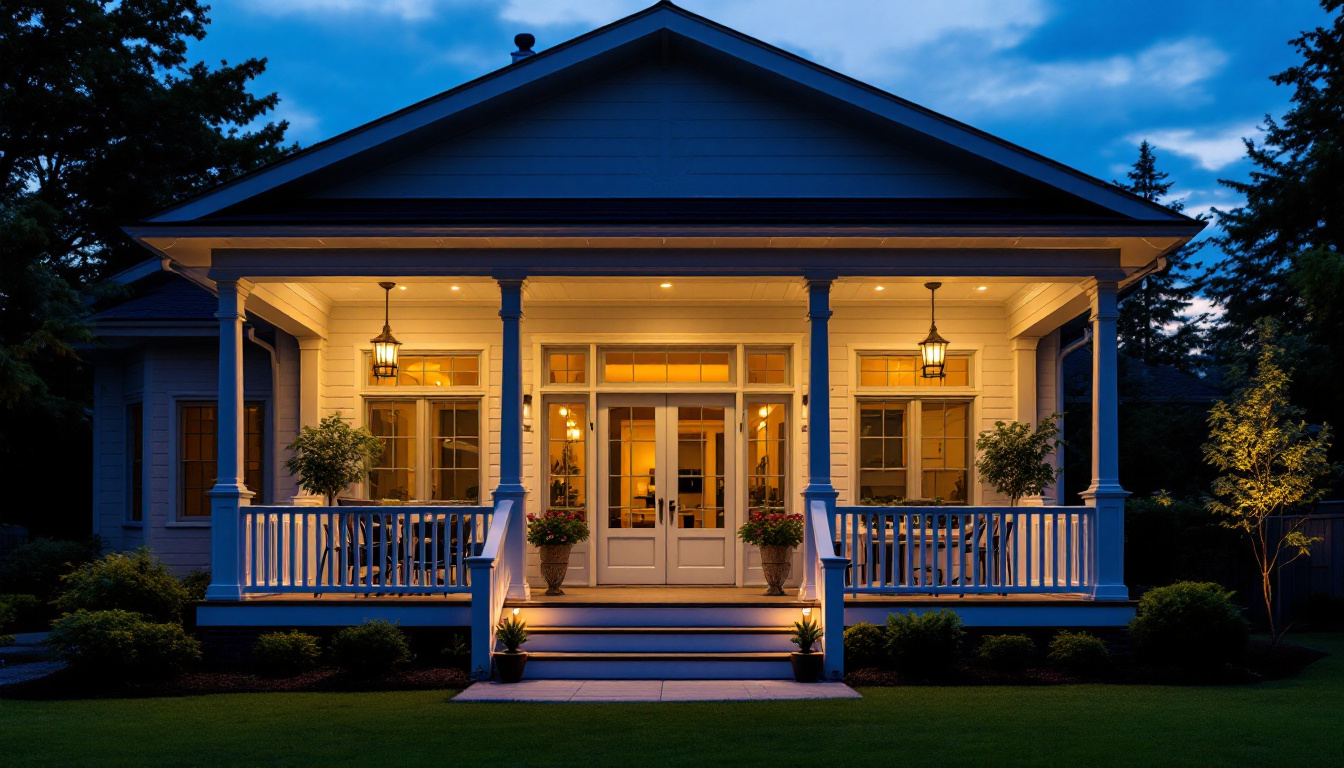 A photograph of a beautifully lit porch at dusk