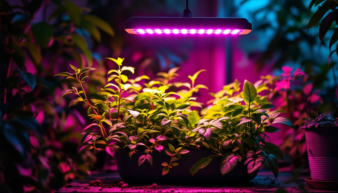 A photograph of a vibrant indoor garden illuminated by a 600w led grow lamp