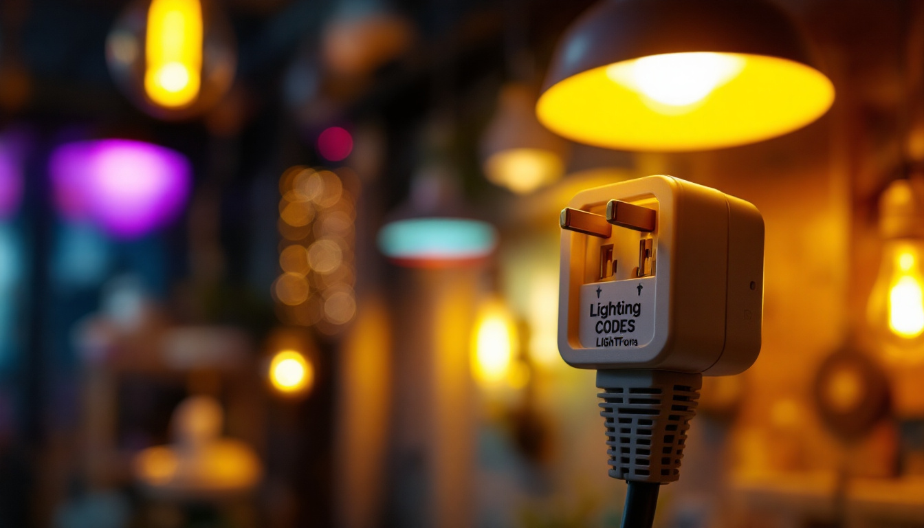 A photograph of a close-up of a power cord plug with visible safety markings and lighting codes