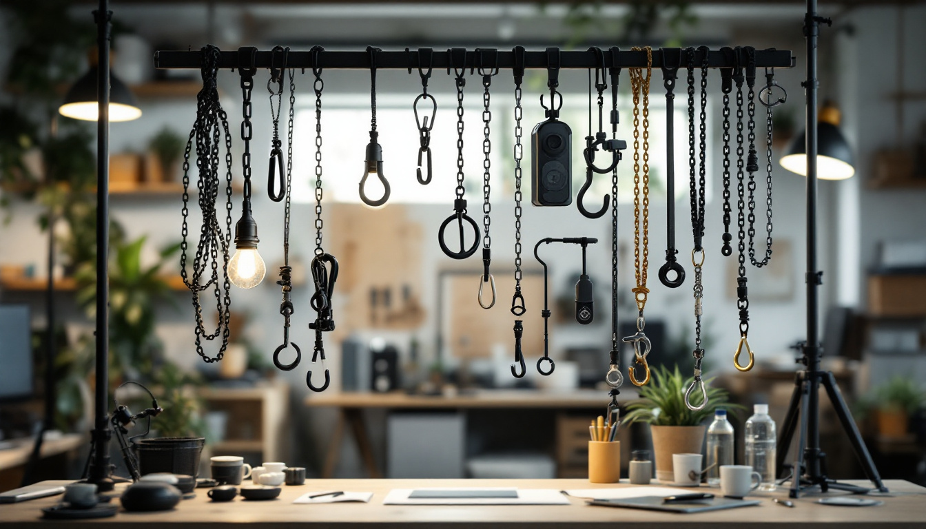 A photograph of a well-organized light hanging kit displayed in a creative workspace